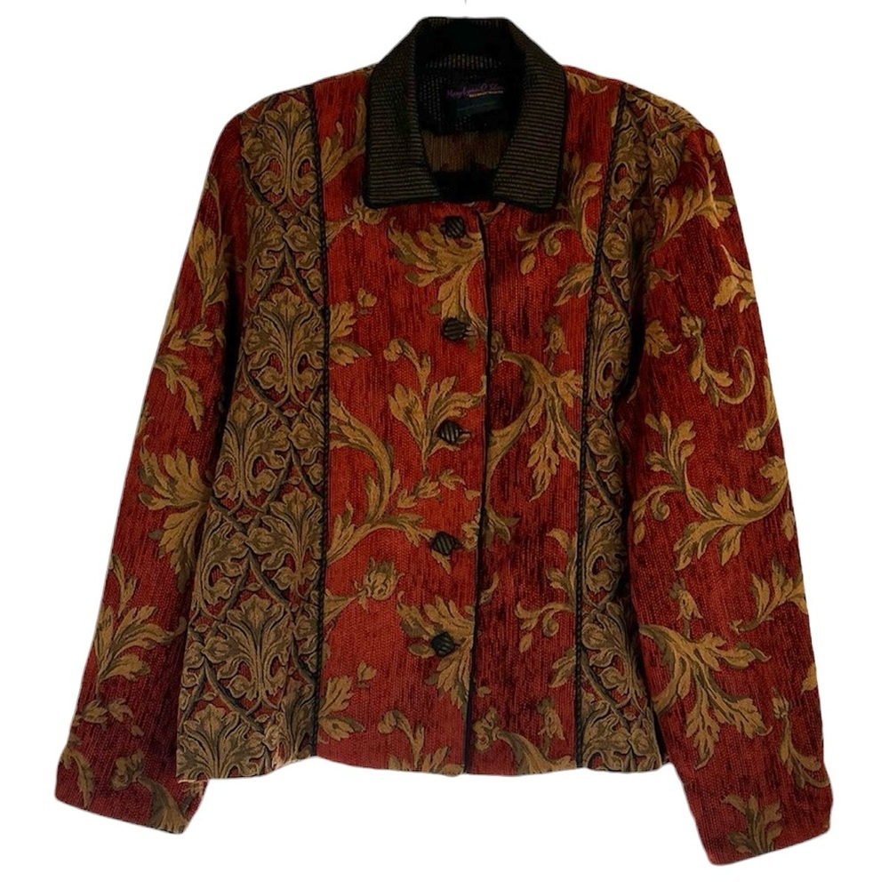 Mary Lynn O'Shea Handwoven Red Gold Tapestry Button Front Jacket Artsy Size M